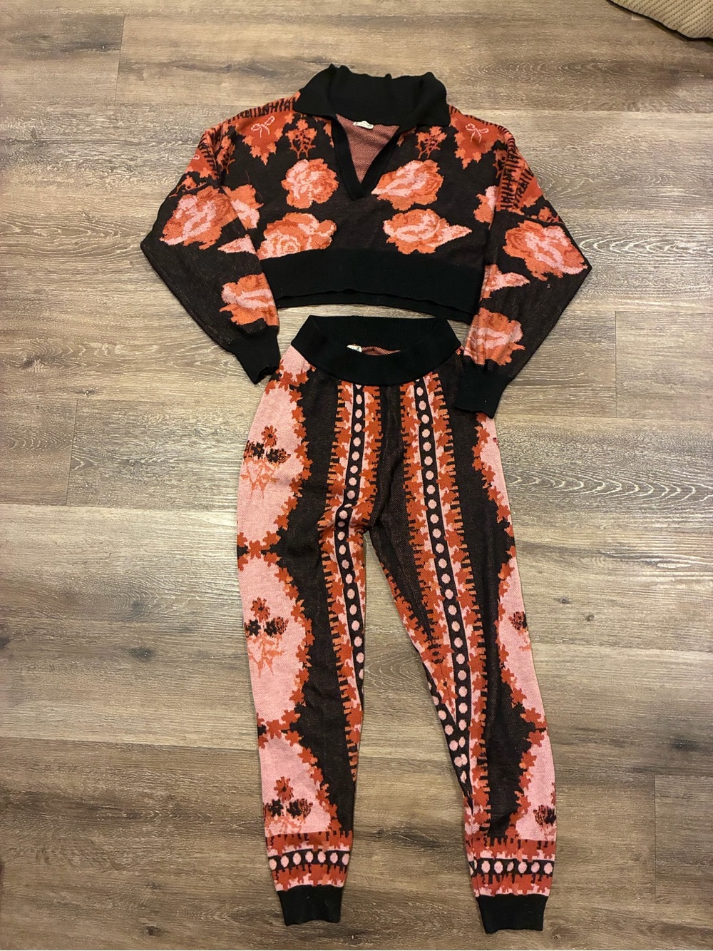 Free People Black & Coral Floral Knit Cropped Set